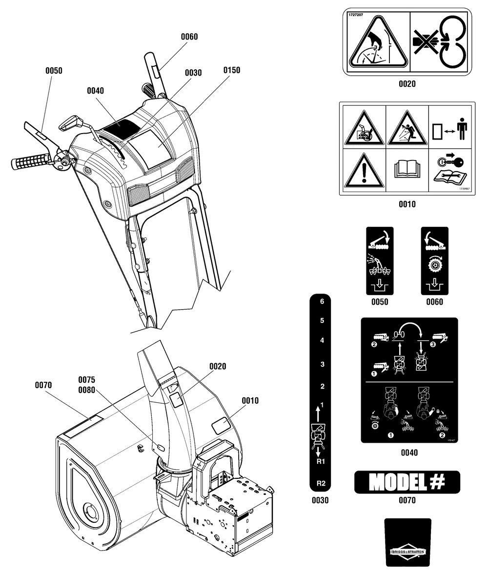 Decals Group Diagram and Parts List for 1696482-00-BP2132SE  Briggs and Stratton Snow Blower